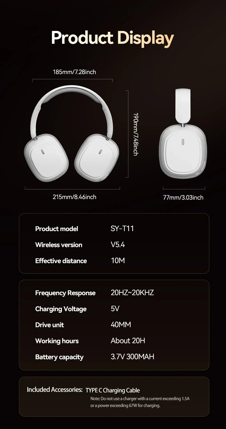 SY-T11 Wireless Headphones Bluetooth 5.3 Over Ear Headset With Mic Bass/Pop Mode Hi-Res HiFi Wired Headphones 90H APP For XiaoMi