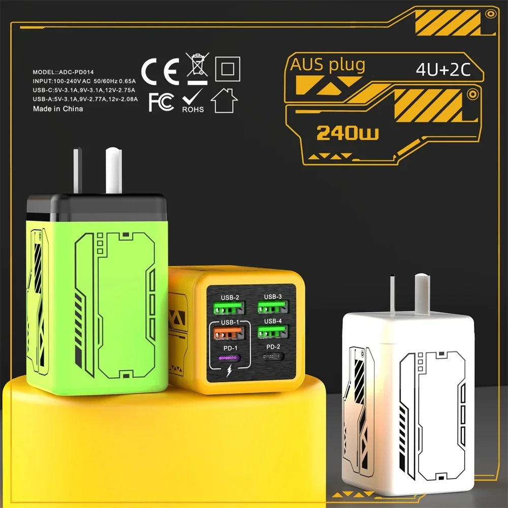 6 in 1 240W Type C Charger PD Fast Charging Phone Power Adapter For iPhone Samsung Xiaomi EU/US Plug Quick Charge Wall Charger