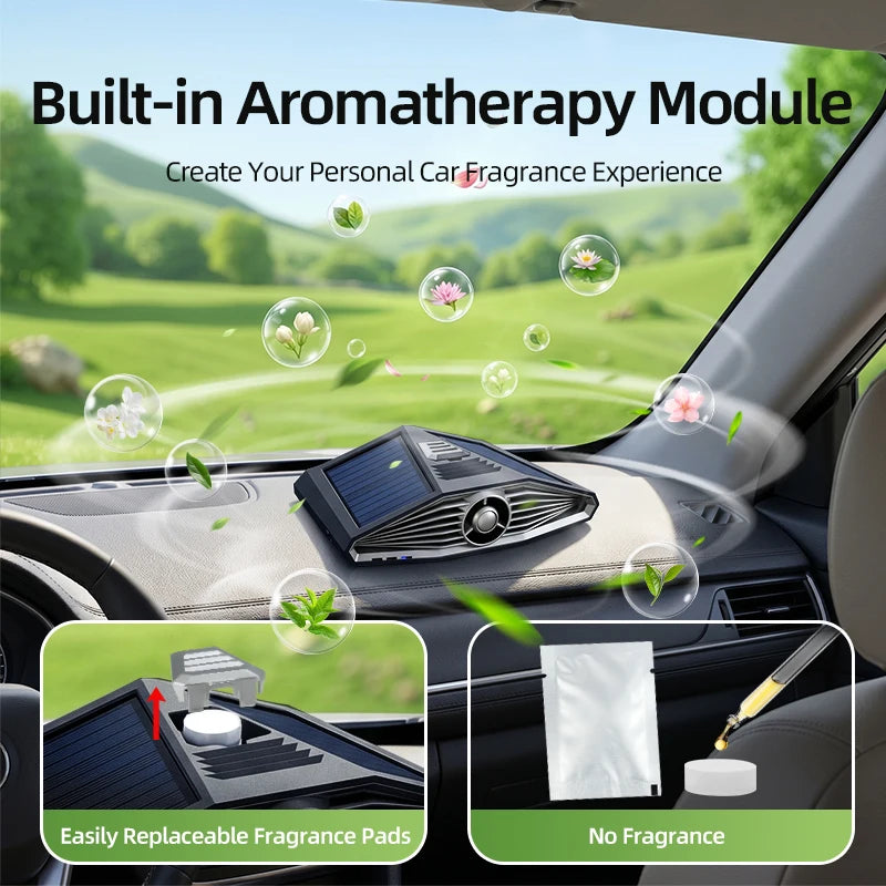 1pc, Dual Solar Panel Car Air Purifier with Ozone, Odor, and Bacteria Removal, Fan Circulation, Built-in Aromatherapy Module
