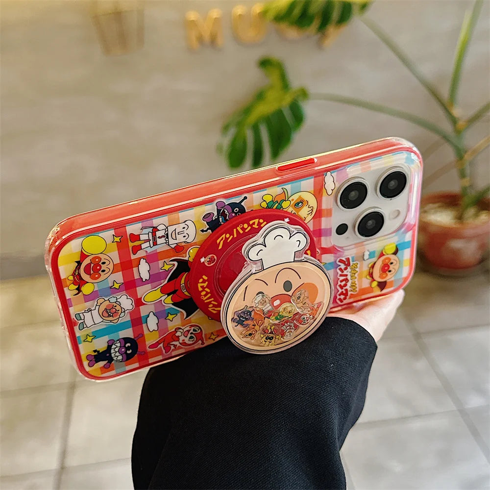 Anime cartoon bread superhero phone case, suitable for iPhone 13, 14, 15, 16 Pro Max Fundas, with stand and shock-absorbing prot