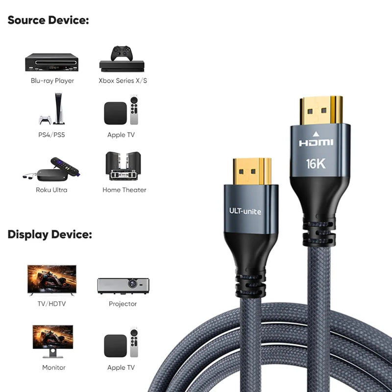 16K HDMI 2.2 Cable, 8K@120Hz HDMI Cable 10FT/3M for HDTV Box Projector PS5 Ultra High Speed Computer Cable