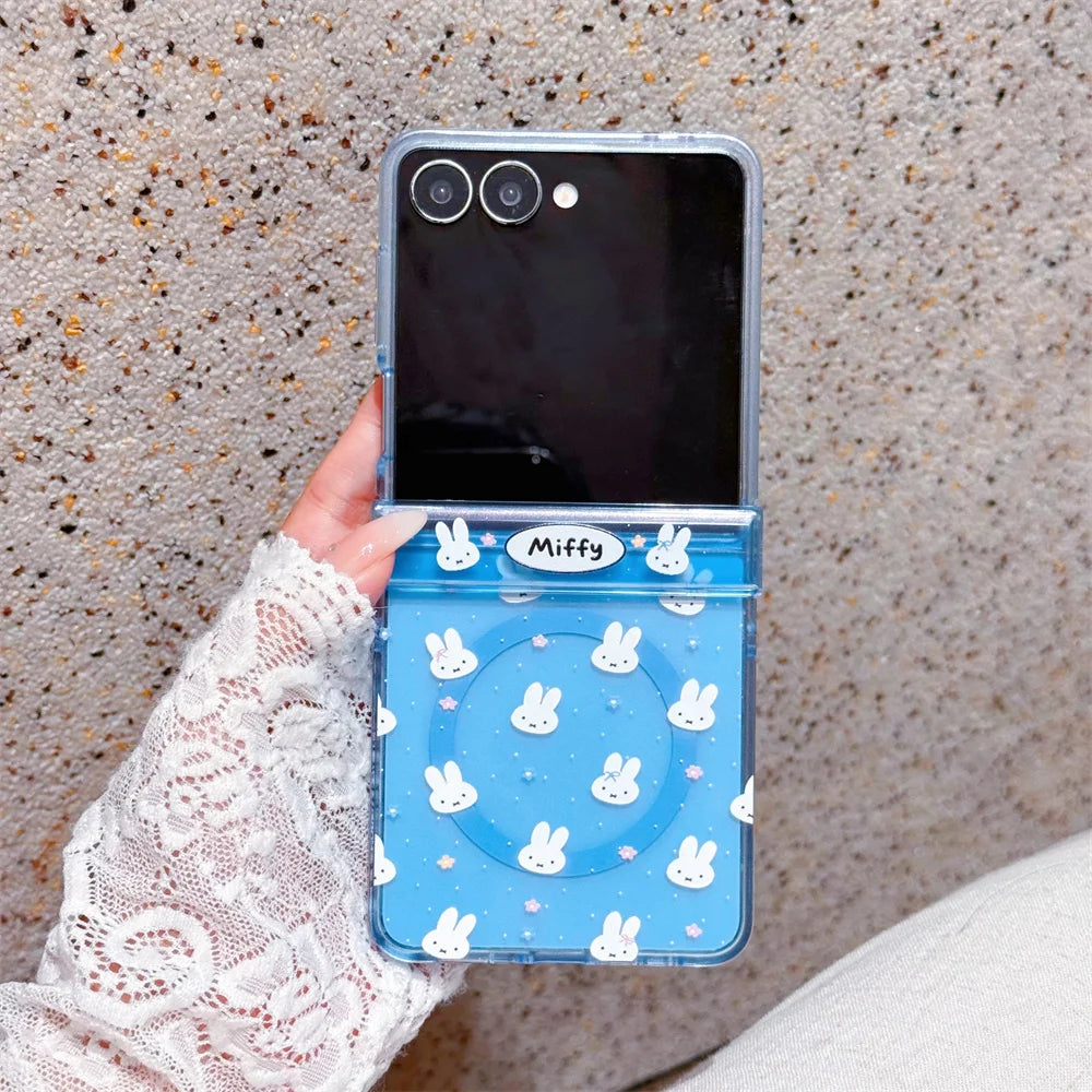 Cute polka dots Miffy Clear Folding Phone Case For Samsung Z Flip 8 7 6 5 4 3 flower Cartoon Miffy protect Cover Wrist Strap﻿﻿﻿﻿
