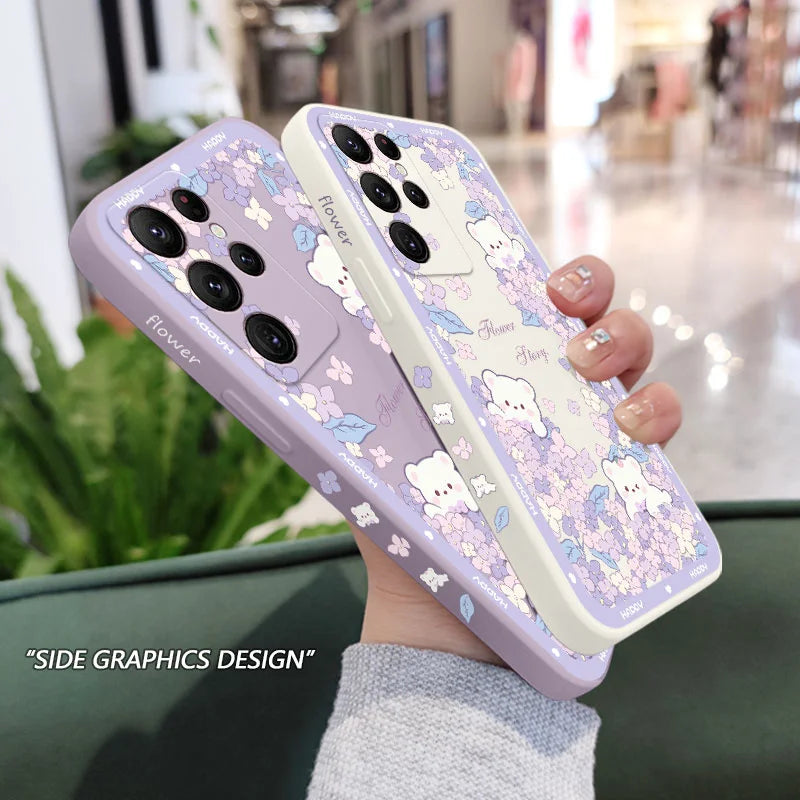 Flower Bush Bear Phone Case For Samsung Galaxy S25 FE S24 S23 S22 S21 S20 Ultra Plus FE S10 Note 20 Ultra 10 9 Plus Cover