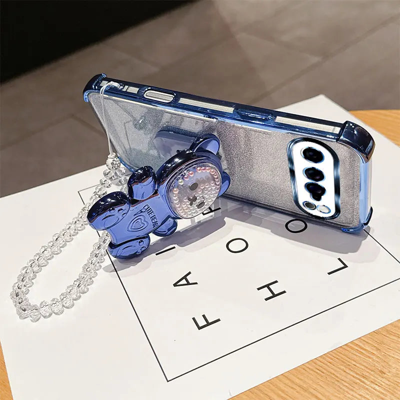 4 Corner Shockproof Phone Case with Cute 3D Bear Stand Crystal Chain Lanyard Glitter For Google Pixel 9 8 10 7 Pro XL Back Cover
