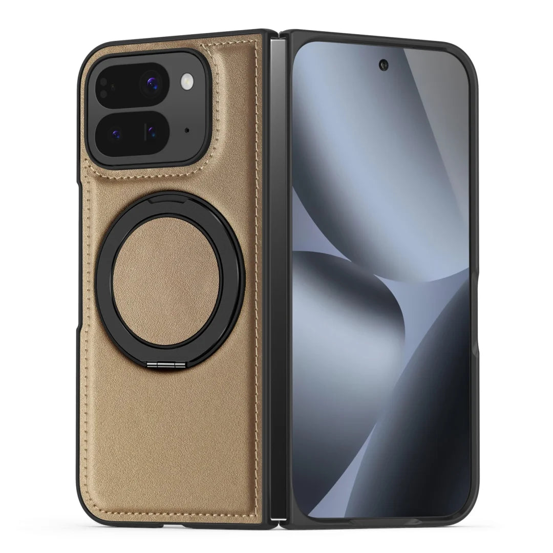 Embossed PU Leather Case For Google Pixel 10 Pro Fold Magsafe 360° Rotation Metal Stand Comfort Grip Case Cover