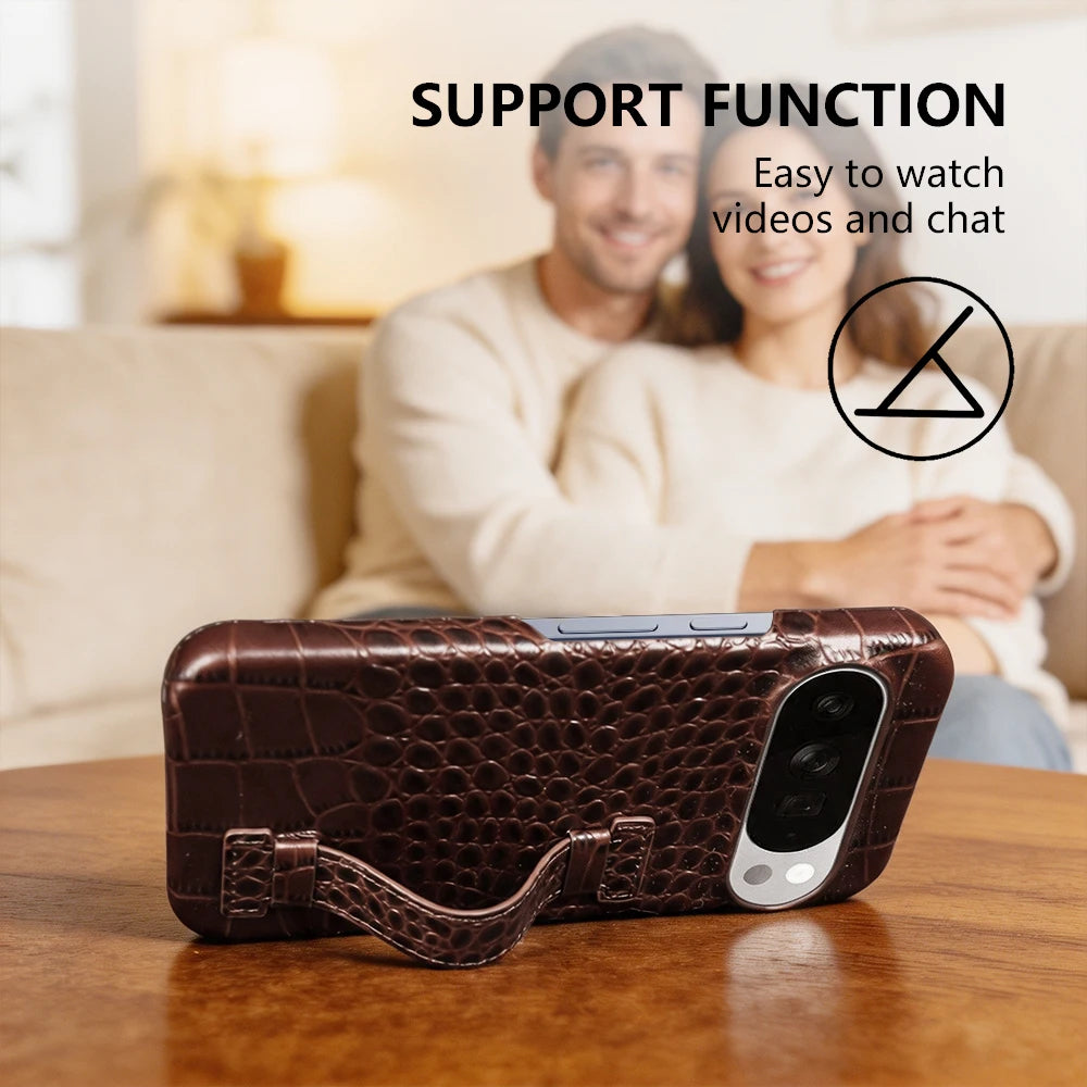 With Wrist Strap Crocodile Genuine Leather Case For Google Pixel 10 Pro 10A 9A 9Pro XL 8A 8 7A 7 6A 6 Pro 5A 5 Back Cover Cases