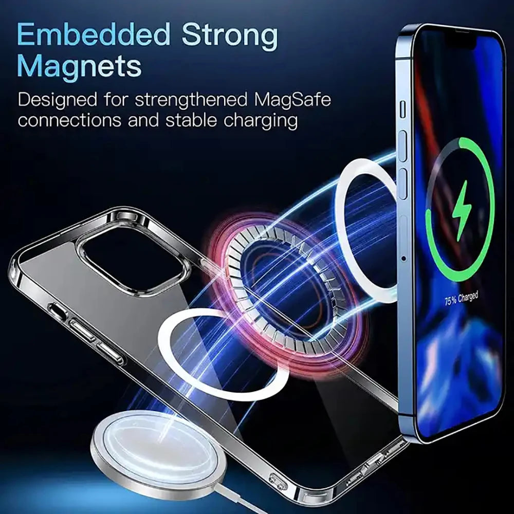 Magnetic Transparant Phone Case For iPhone 11 12 13 14 15 Pro Max Mini X XS XR 6 7 8 Plus Magsafe Wireless Charging Cover Case