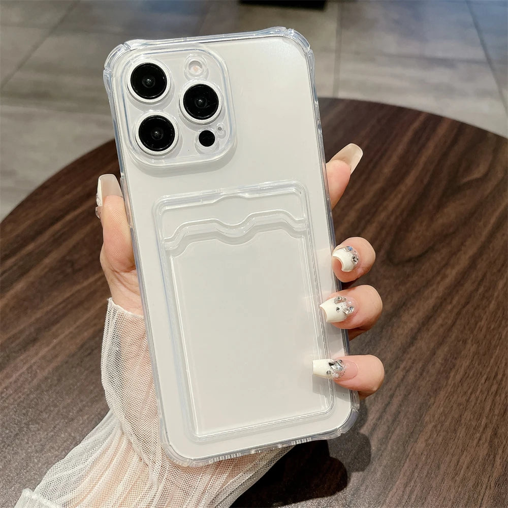 Clear Card Pocket Shockproof Case for iPhone 17 16 15 14 13 12 11 Pro Xs Max 16e X XR 6 6s 7 8 Plus SE 2020 2022 Silicone Cover