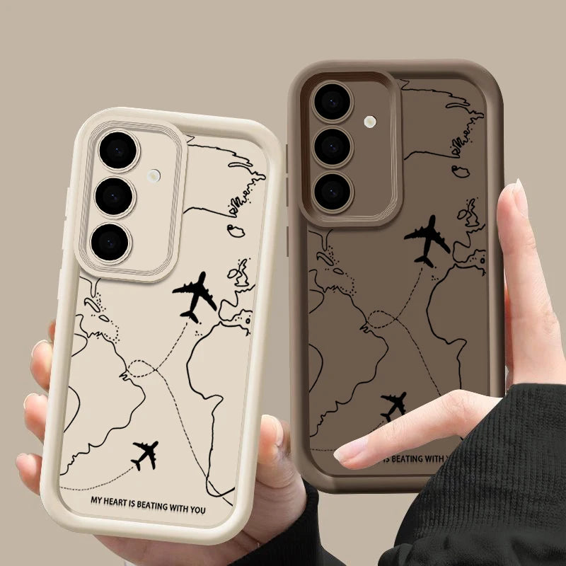 Airplane Route Silicone Case For Samsung Galaxy S25 FE Edge S26 S24 S23 Ultra S22 Plus A57 A37 A17 A14 A15 A55 A56 A36 A26 Cover