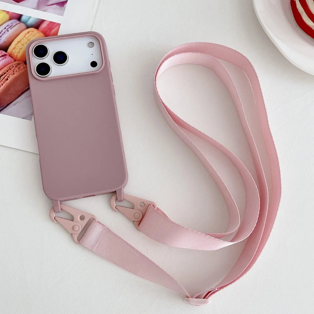 Crossbody Necklace Strap Lanyard Matte Silicone Case For iPhone 17 16 15 14 Pro Max 11 12 13 XR X XS 8 Plus SE Shockproof Cover