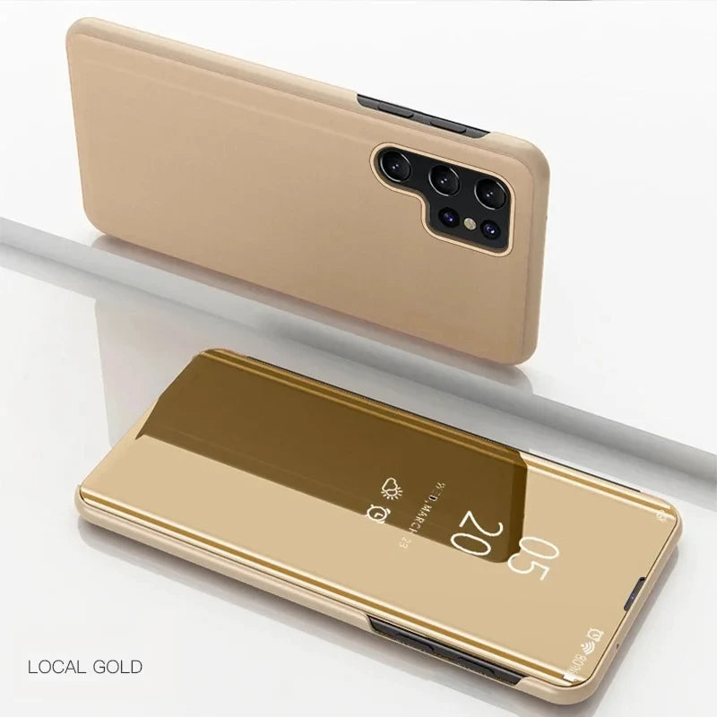 Mirror Flip Luxury Cases For Samsung Galaxy S26 Ultra S25 S23 S22 S21 Plus Fe Note 20 S24 Ultra Leather Texture Shockproof Cover