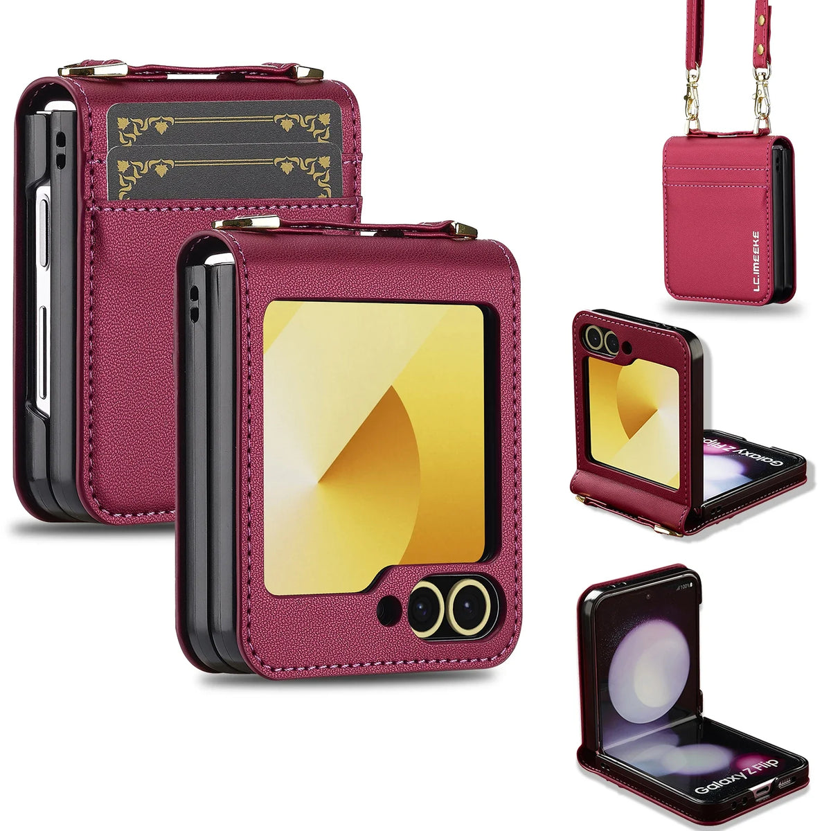 Crossbody Cards Solt Wallet Leather Case For Samsung Galaxy Z Flip 8 7 FE 6 5 4 3 5G Flip6 Flip7 Hand Strap Lanyard Pocket Cover