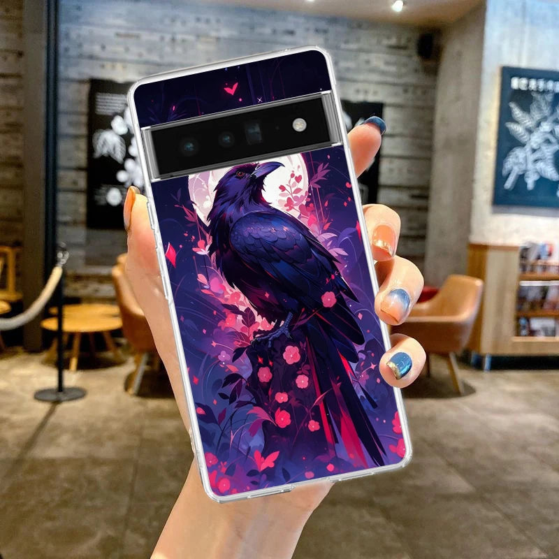 Black Raven Phone Case Cover for Google Pixel 9 8 7 6 5 4 4XL Soft TPU 7A 6A 5A 4A 3A Pro XL 5G Transparent Shell Fundas Capas