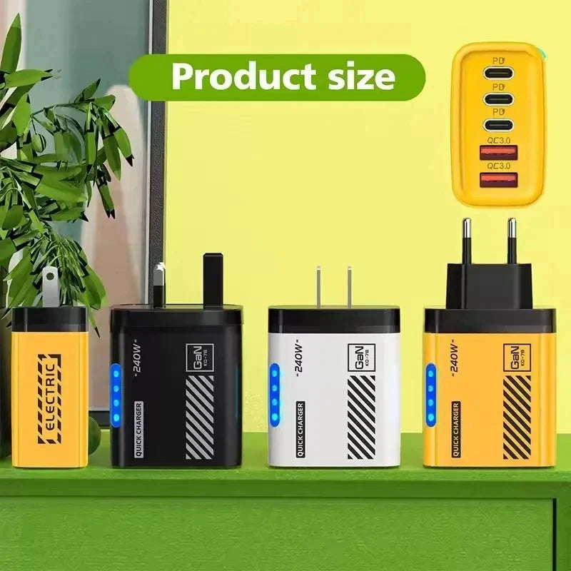 240W QC3.0 PD 5 Ports GaN Fast Charger US/EU Plug Phone Charging Head Adapter with LED Light for iPhone Samsung Huawei Xiaomi