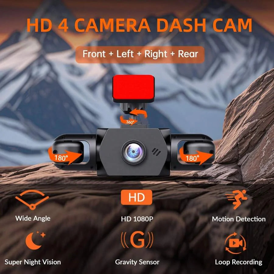 4-Channel 360° Panoramic Dash Cam, 4 Built-in Cameras, 2" IPS Display, Wide-Angle Night Vision, Loop Recording, 150mAh Battery