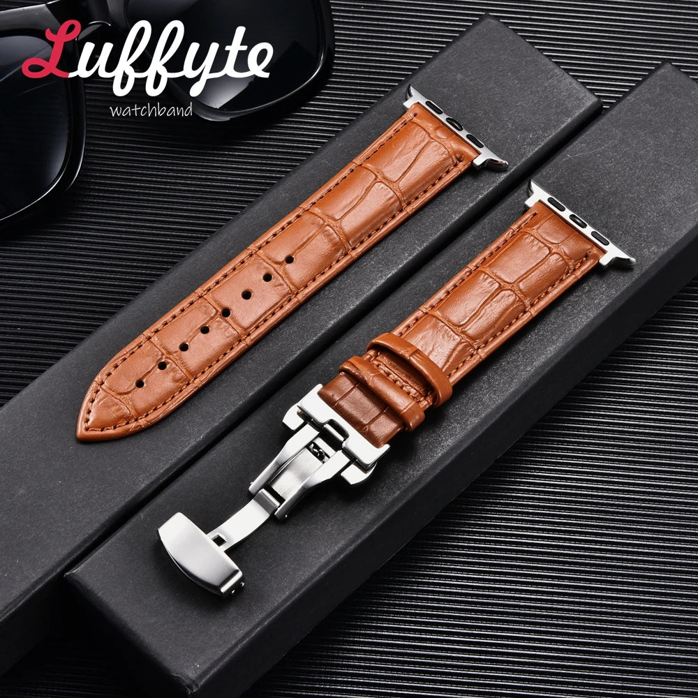Bamboo Patterned Genuine Leather Strap for Apple Watch Ultra 8 7 SE 6 5 4 3 2 1 Business Watchband 38 40 41mm 42 44 45 49mm