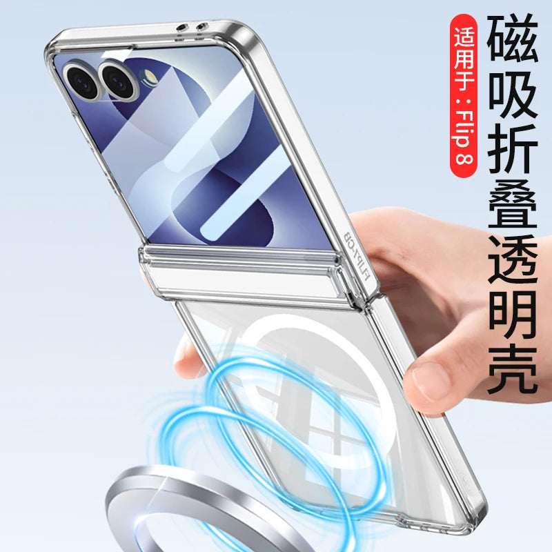 For Samsung Galaxy Z Flip 8 Case Transparent Magnetic Wireless Charging Hinge With Mirror Film Shockproof Back Cover Accessories