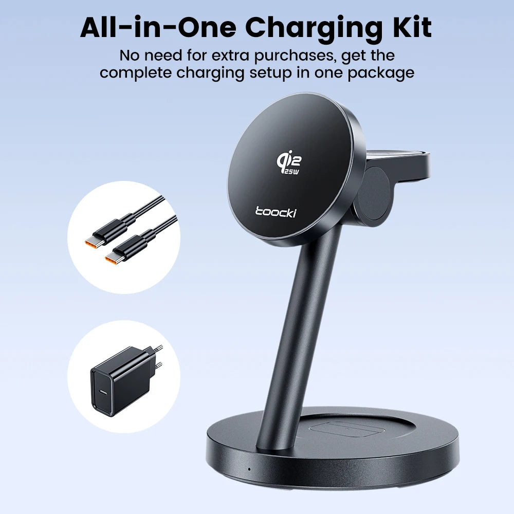 Toocki 3-in-1 Magnetic Wireless Charger 25W Qi2.2 Fast Charging Desktop Wireless Stand For iPhone 15 16 17 Apple Watch Earbuds