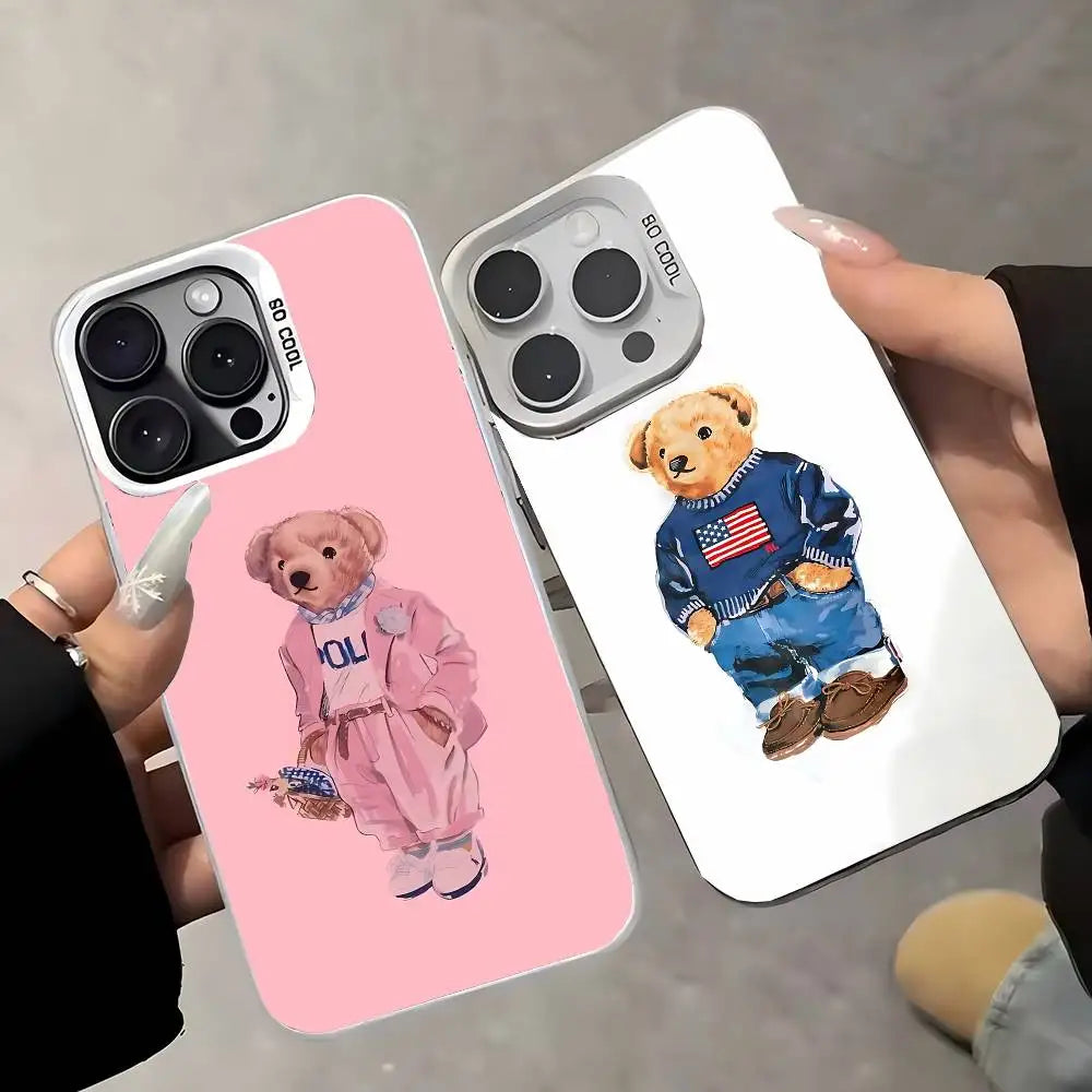 1PC Fashion Bear P-Polo Phone Case For IPhone 17 Air 16 15 14 13 12 11 Pro Max Plus Color Shockproof Back Silver Cove