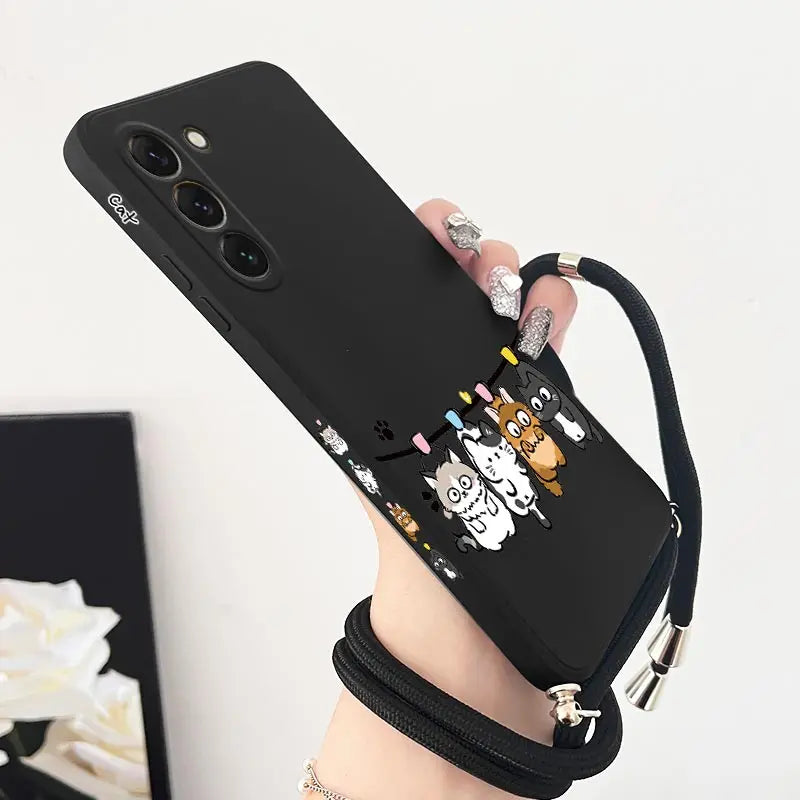 S23 Four Little Cat Lanyard Silicone Phone Case For Samsung S23 S24 S23FE S24Plus S23Ultra S22 S23Plus S22Plus S20 S21FE Cover