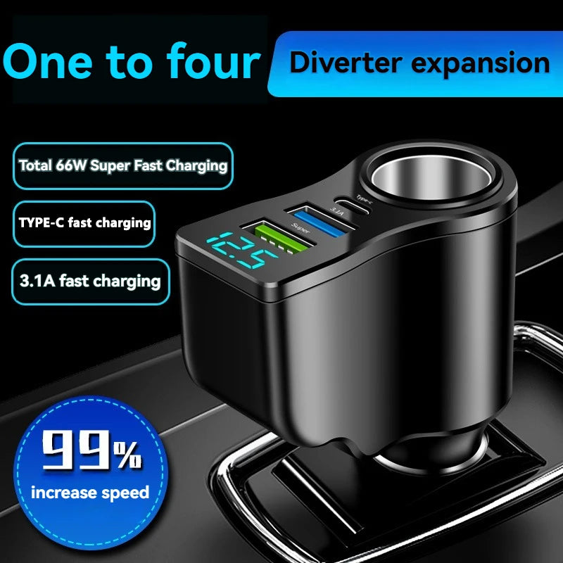 4 in 1 Car Charger Adapter 66W PD Fast Charging USB C Car Charger Cigarette Lighter Splitter with Digital Display