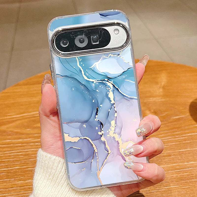 Colored Marble Print Phone Case For Google Pixel 10 9 Pro XL 10 9 8 7 Pro 9A 8A 7A Shockproof Plating Soft TPU Transparent Cover