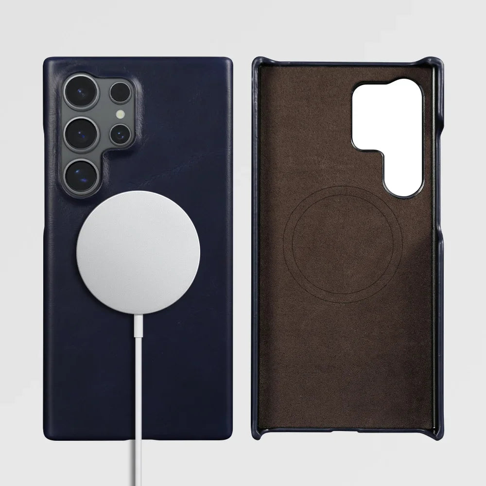 For Samsung S26 Ultra Case Magnetic Magsafe Oil Wax Genuine Leather Phone Cases For Galaxy S25 S24 S23 S22 Cover Wireless Charge