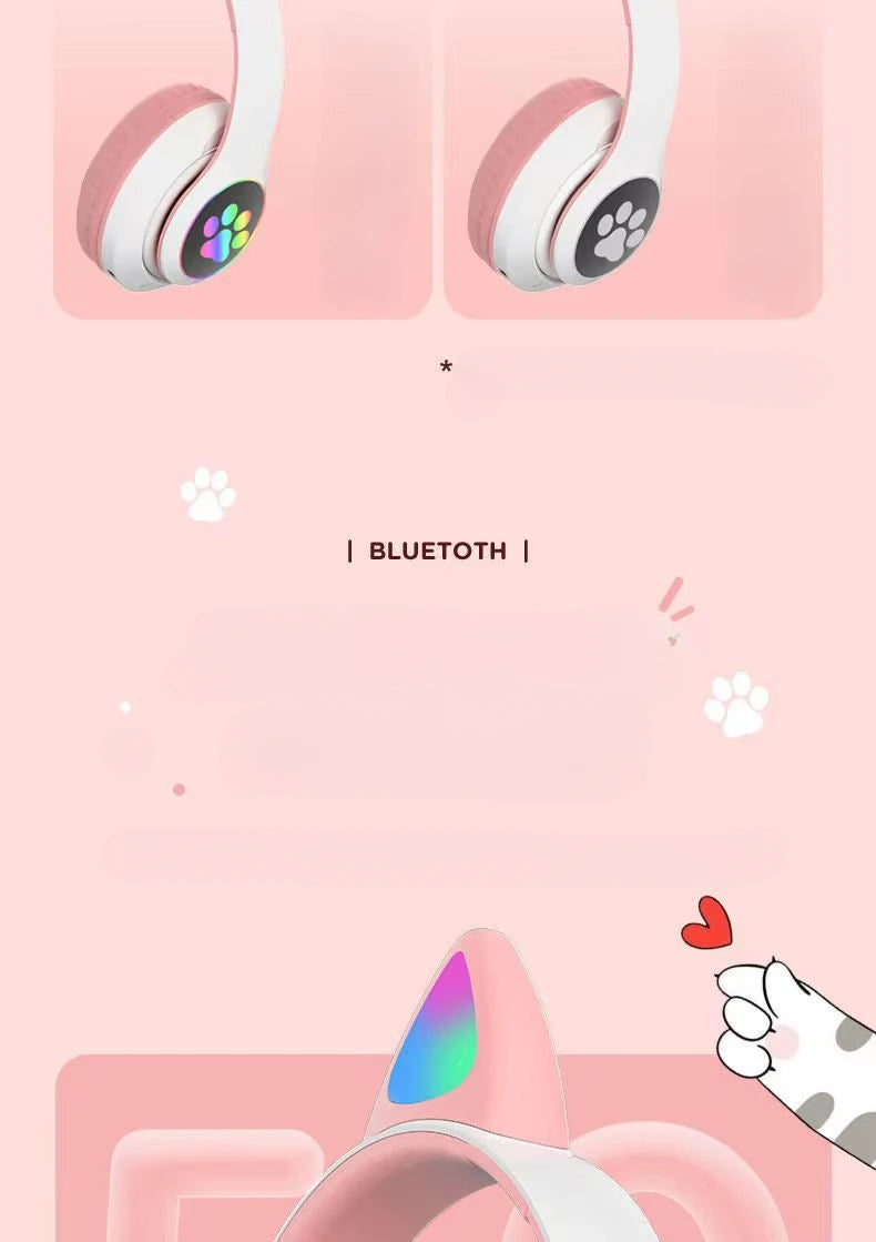 STN-28 Earphones Bluetooth 5.0 Cute Cat Ear Light Up Wireless Over-Ear Headphones High Quality Earbuds Compatible with Multiple