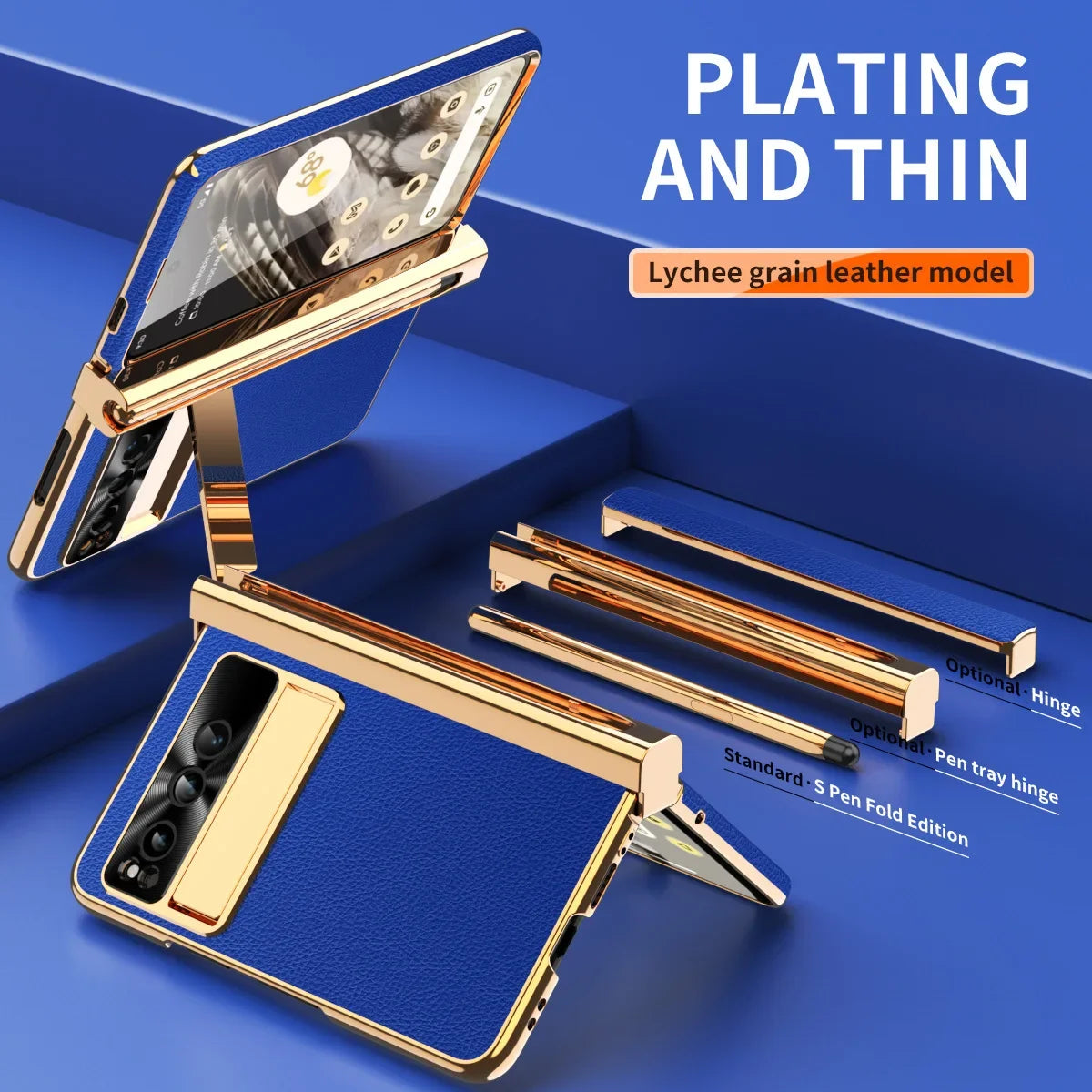 Phone case For Google Pixel Fold Plain Leather Plating Bracket Double Hinge with Pen Shell Film All-inclusive Protective Case