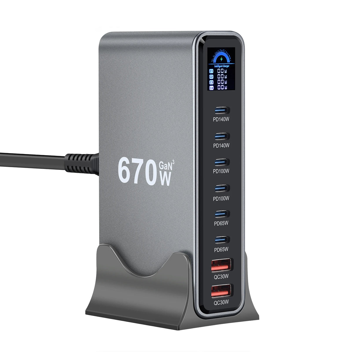 670W GaN Fast Charging Desktop Charger with Display 140W USB-C Port 8-Port Station for Phones And Tablets