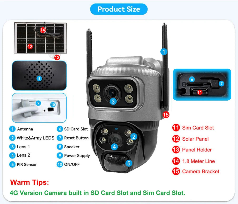 V380 4G Camera With Sim Card Solar Panel Low Power Waterproof CCTV Camera Support PIR Human Detect Night Vision Built in Battery