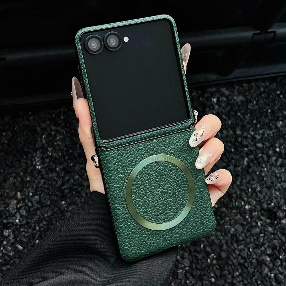 Original Lychee Pattern Leather for Magsafe Wireless Charging Case for Samsung Galaxy Z Flip 8 7 6 5 Strap Anti-drop Slim Cover