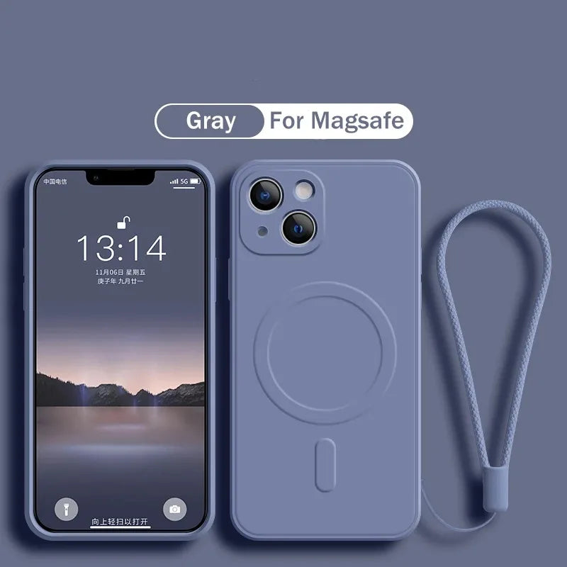 For Magsafe Magnetic Wireless Charge Case for IPhone 15 16 14 13 12 11 Pro Max Mini XR XS Plus Soft Liquid Silicone Strap Cover