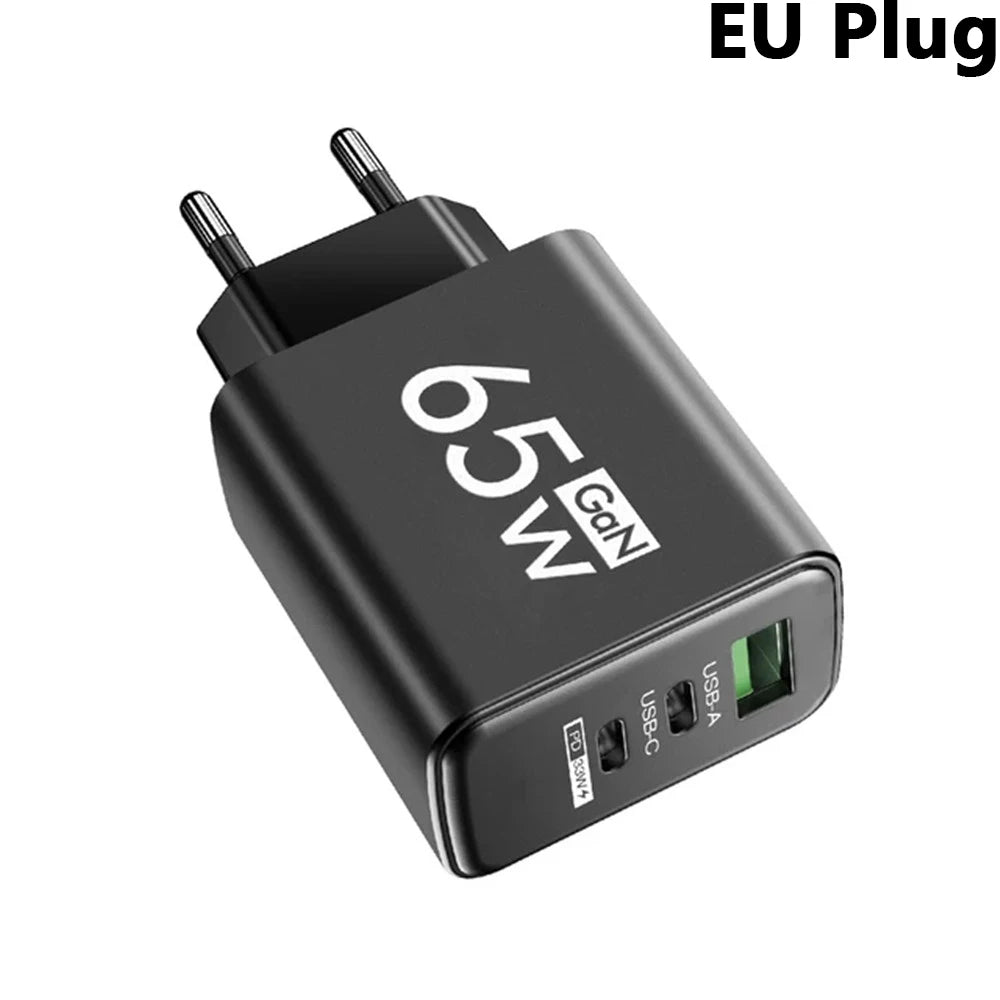 65W GaN Fast Charger PD 3.0 USB C Wall Charger 3 Ports QC3.0 For iPhone 15 16 Pro Samsung Xiaomi EU US Plug Mobile Phone Adapter