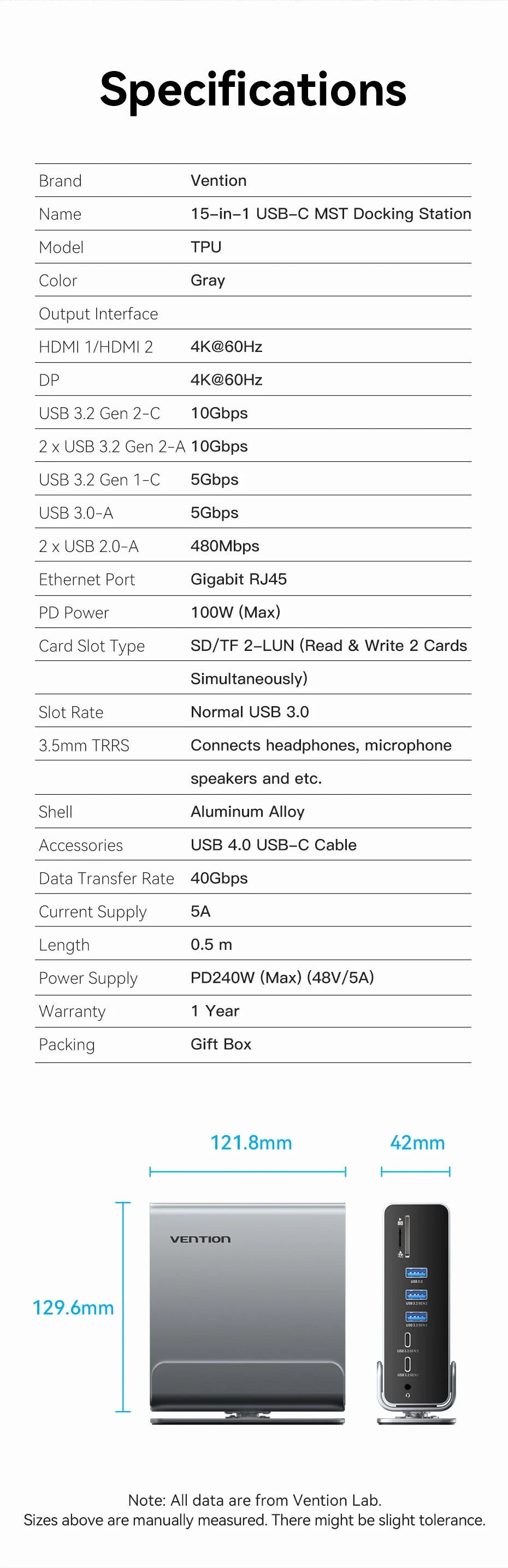 Vention USB C MST Docking Station 15 in 1 4K@60Hz HDMI DP Triple Monitor USB 3.2 HUB PD 100W Adapter for MacBook Win HP Laptop