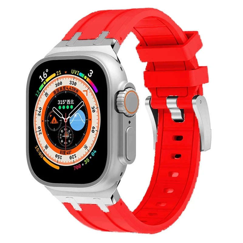Titanium Color Metal Head Silicone Band for Apple Watch Ultra 2 49mm 45/44/42mm Rubber Strap for Iwatch Series 9 8 7 6 5 4 Se 3
