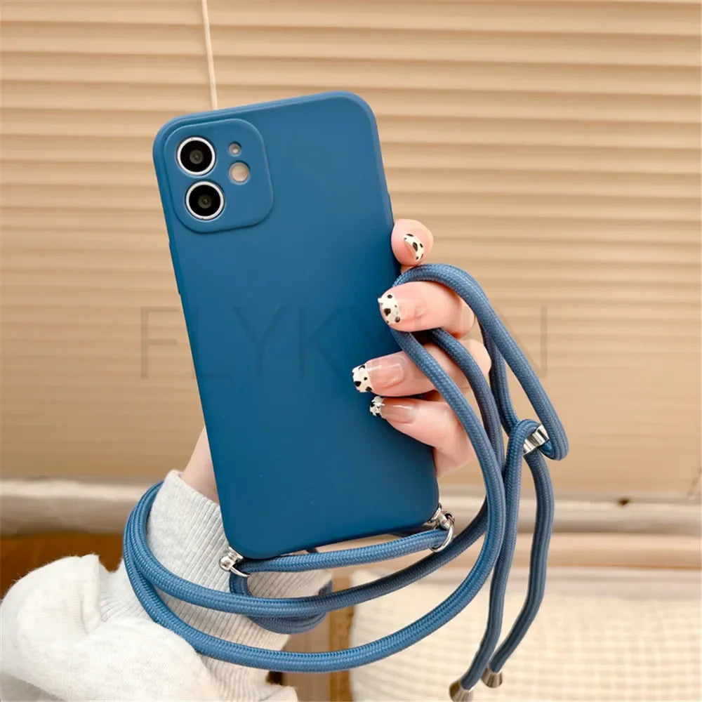 Crossbody Necklace Strap Lanyard Cord Phone Case For iPhone 13 12 MiNi 11 14 15 Pro X XR XS Max 6S 7 8 Plus Soft Silicone Cover