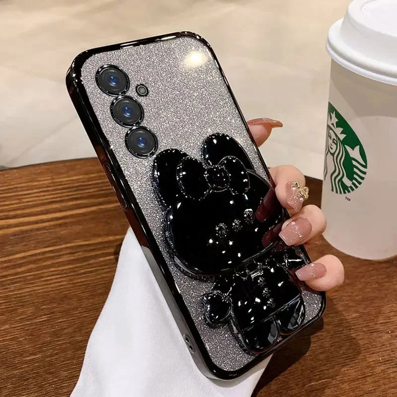 Glitter Mirror Rabbit Stand Case For Samsung A07 A17 A56/36/26/16/06/55/35/25/15/05S S25 FE S24 S23 Ultra Plus Shockproof Cover