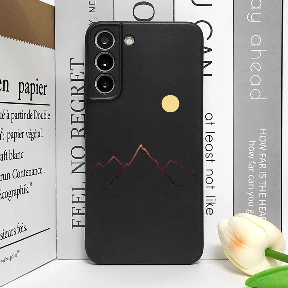 Simple Sun Moon Mountain Couples Painted Phone Case For Samsung Galaxy S23 S24 S25 Ultra S22 S21 S20 Plus FE A15 A54 A55 Cover