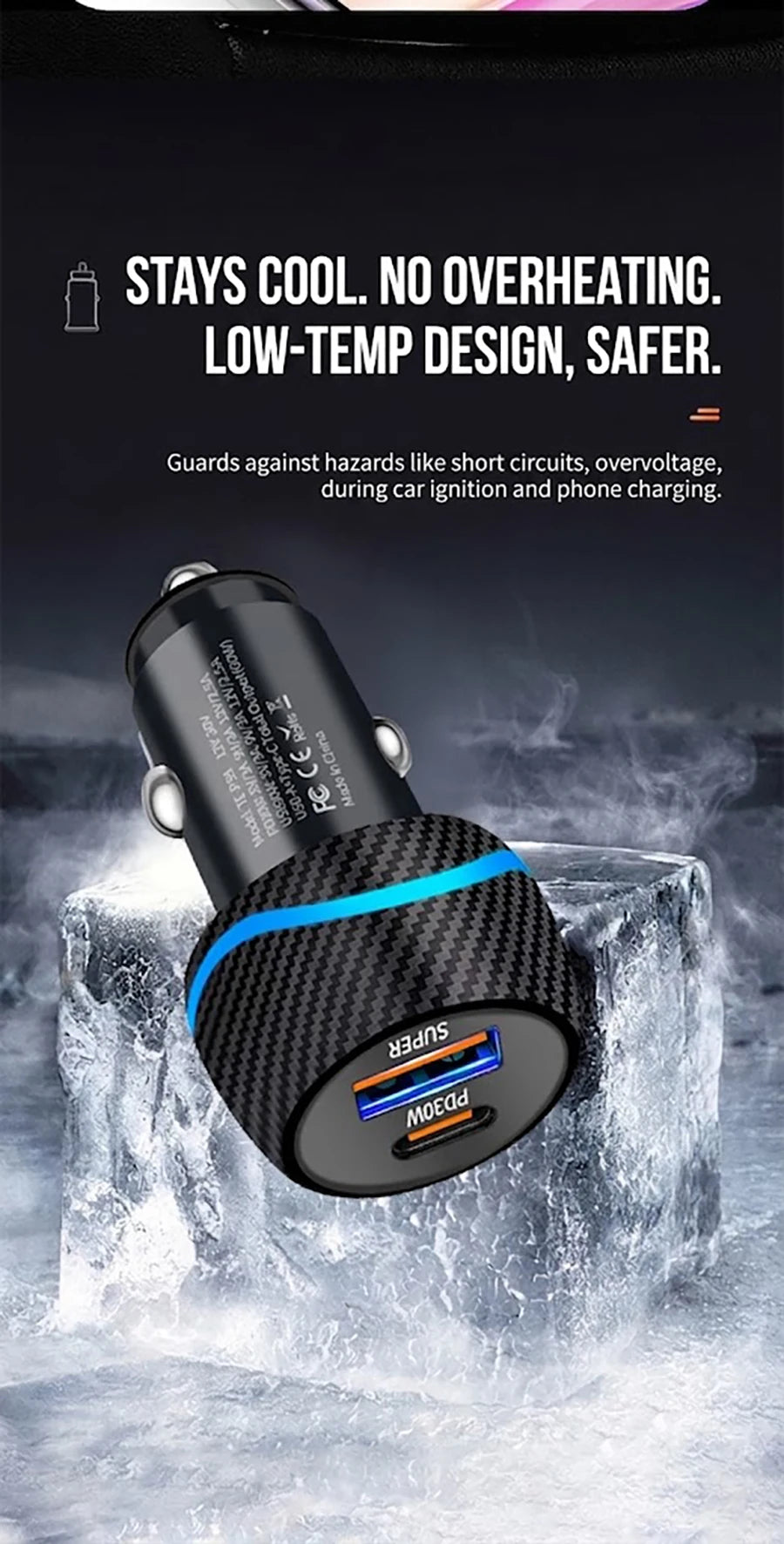 60W Dual Port Car Charger Carbon Fiber Style USB C PD 30W QC 30W Fast Charging Auto Cigarette Lighter For iPhone For Samsung