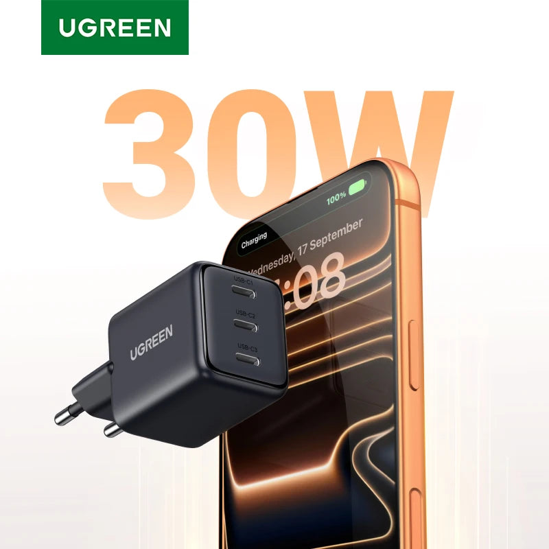 UGREEN 30W GaN Charger PD 3.0 UFSC PPS For iPhone 17 16 15 Pro Max Samsung S25 Xiaomi Tablet iPad Air Pro 3 USB C Phone Charger