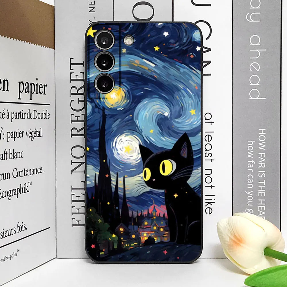 Artistic Black Cat Starry Night Soft TPU Phone Case For Samsung Galaxy S23 S24 S25 Ultra S22 S21 S20 Plus FE A15 A54 A55 Cover