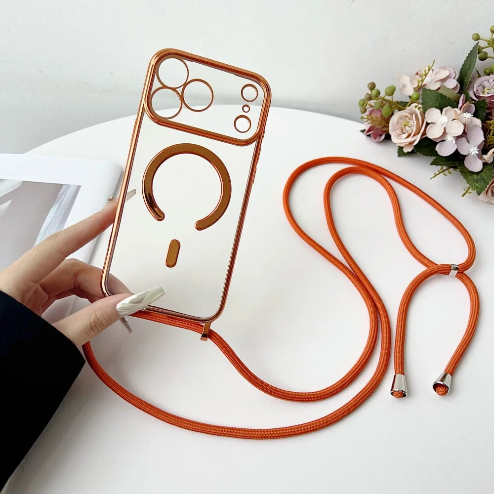 Luxury Necklace Cord Rope Lanyard Plating Magnetic Clear Phone Case For iPhone 17 16 14 11 12 13 15 Pro Max For Magsafe Cover