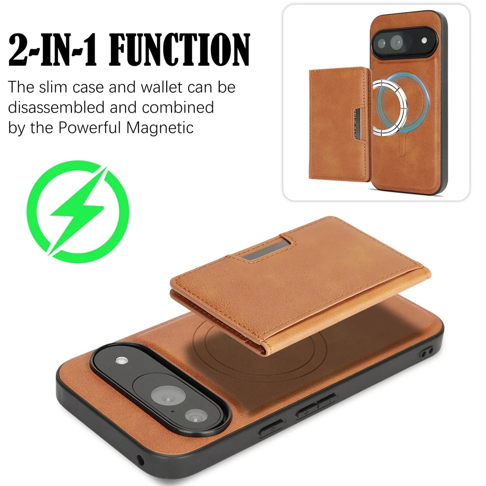 2 In 1 Magnetic Leather Case For Google Pixel 10 9 8 9a 8a Pro Xl 10pro 9pro 8pro Cards Slots Holder Kickstand Bag Phone Cover