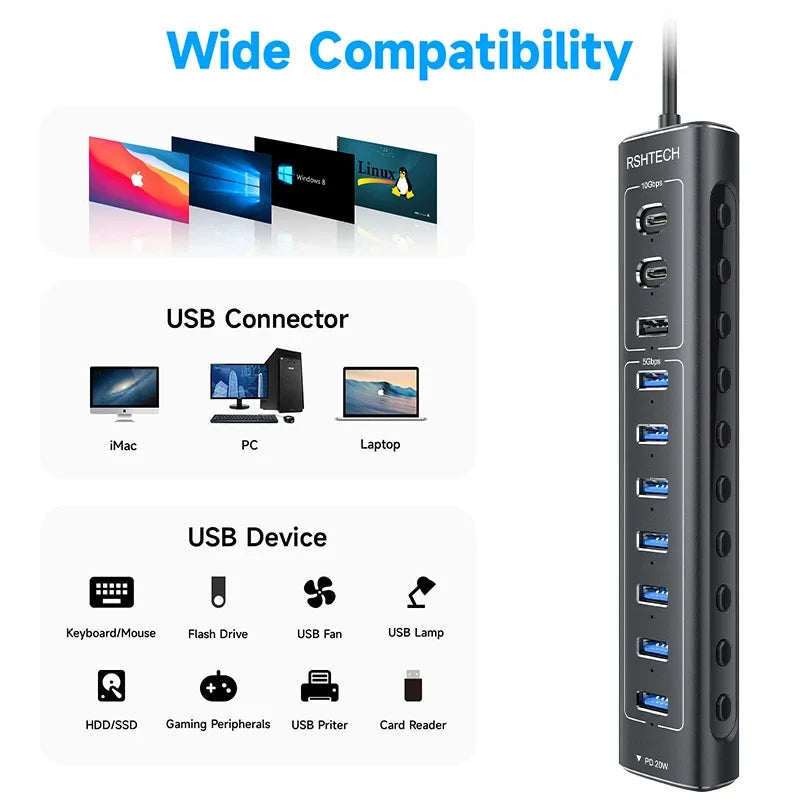 RSHTECH 60W USB 3.1 Hub 10Gbps for Laptop Macbook with 7 USB3.0 Port and 20W PD Aluminum USB Splitter Data Transfer Dock Station