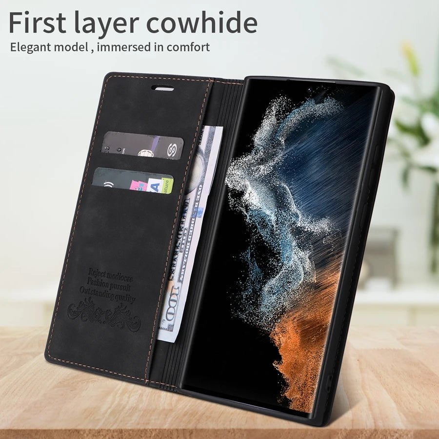 Luxury Wallet Skin Feel Magnetic Flip Card Stand Leather Case For Samsung Galaxy S23 FE S23 Ultra S22 Plus S21 S20 FE S10 S9 S8
