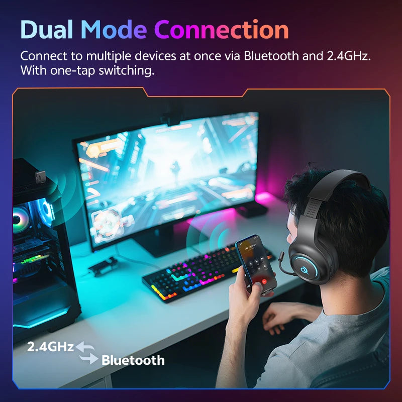 QCY Heroad V200 Gaming Headset with Mic Tri-Mode RGB Over Ear Headphones 7.1 Surround Sound 50mm Drivers for PC Headset Gamer