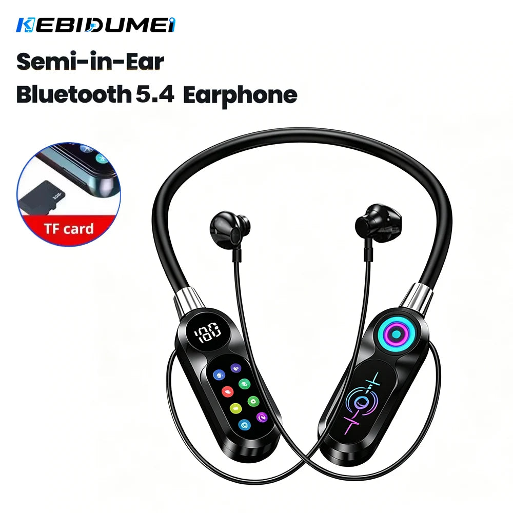 KEBIDUMEI Neckband Headsets with HD Screen Bluetooth 5.4 Earphones Wireless In Ear Earbuds HiFi Stereo Voice Assistant TF Play