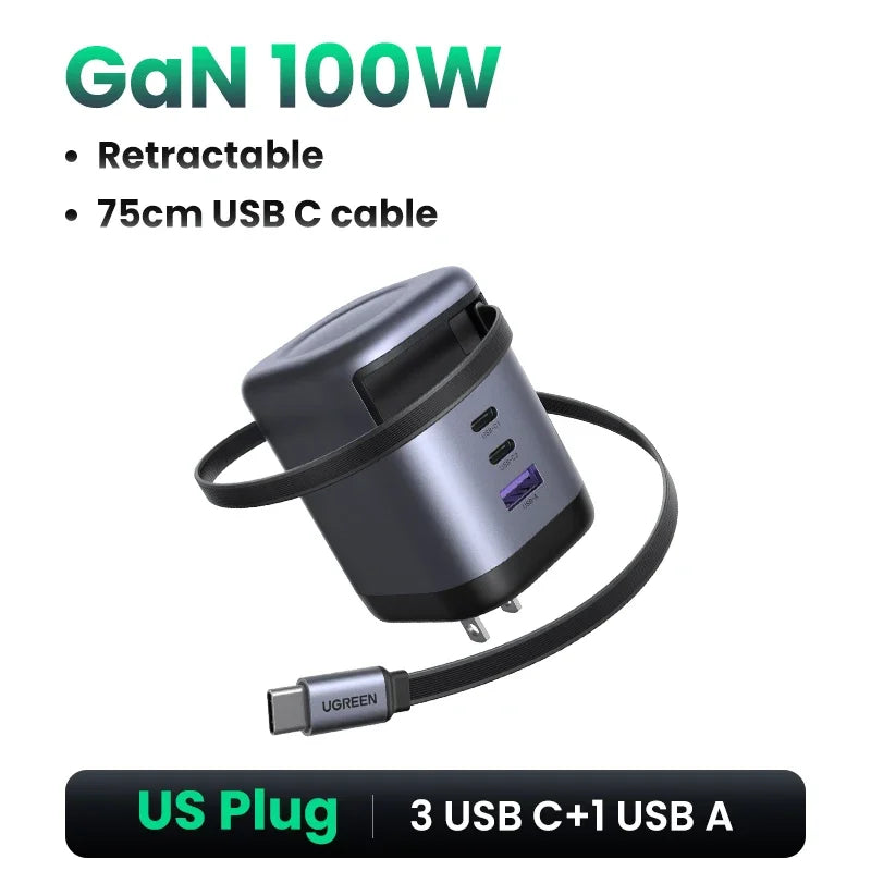 UGREEN 100W GaN Charger With Retractable USB C Cable UFCS PPS PD Fast Charger For Laptop Macbook Pro iPad Tablet iPhone Samsung