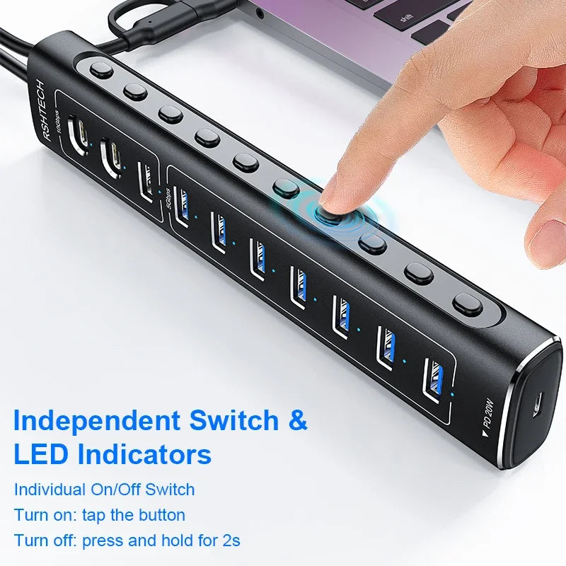 RSHTECH 60W USB 3.1 Hub 10Gbps for Laptop Macbook with 7 USB3.0 Port and 20W PD Aluminum USB Splitter Data Transfer Dock Station